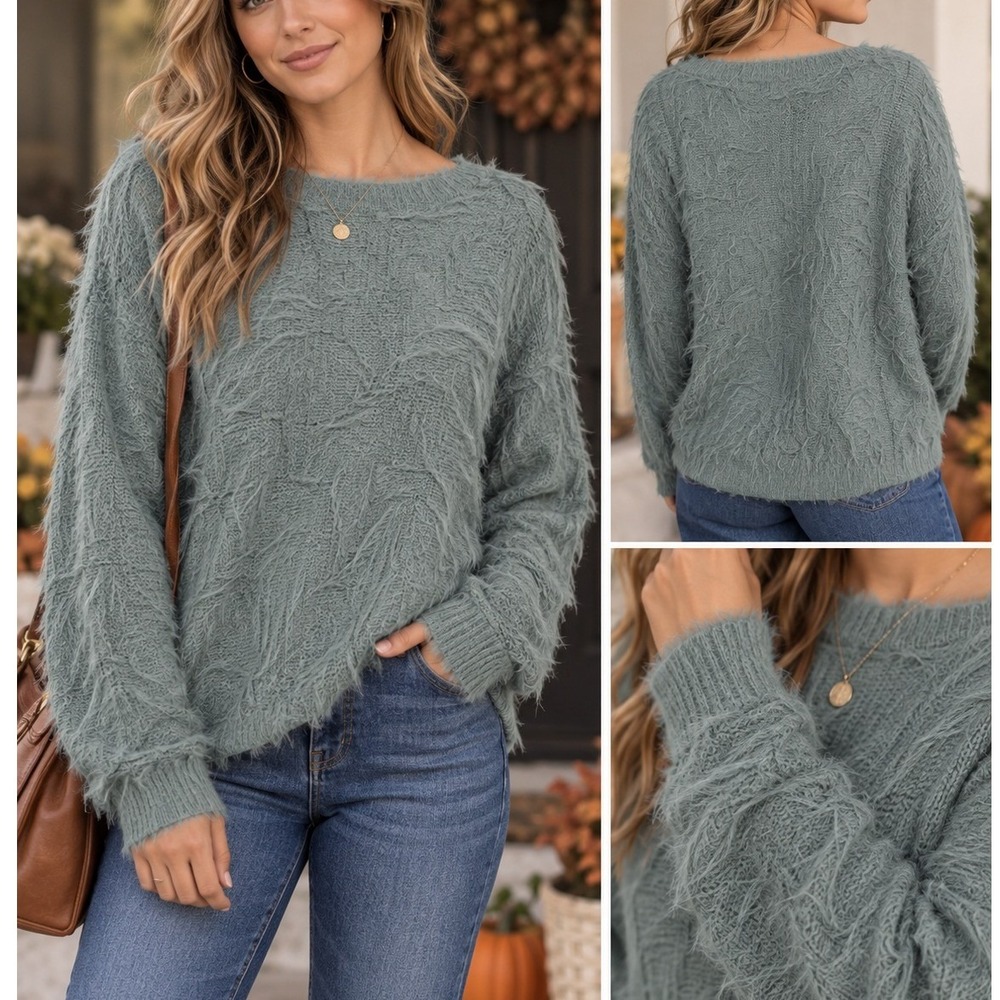 Anthropolgie If It Were Me Sweater Sage Green Fuzzy Eyelash Knit Oversized M